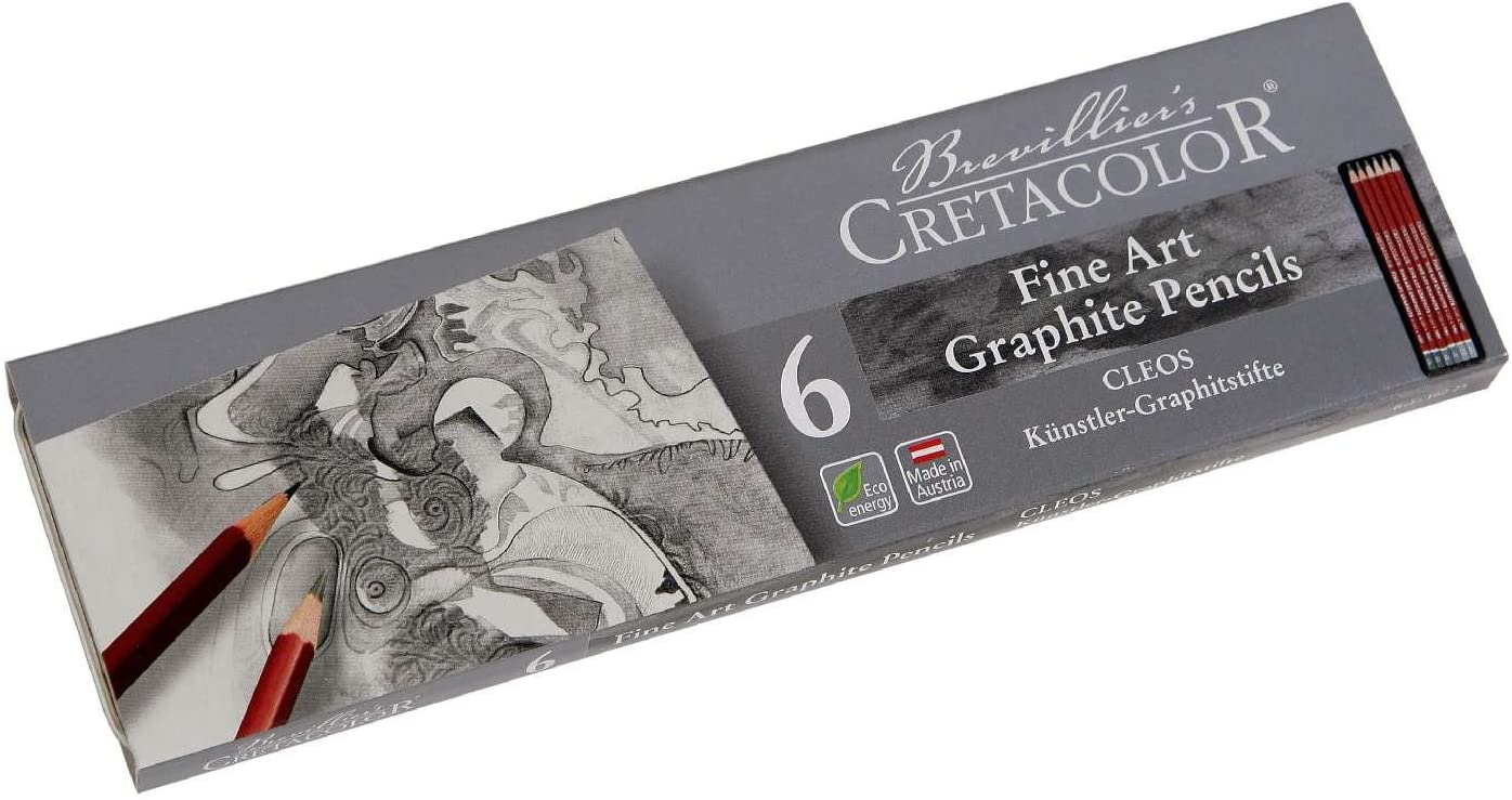 Cretacolor Cleos Fine Art Graphite Pencils Set of 6 in an Elegant Tin Box (1 of Each HB, 2H, 2B, 4B,