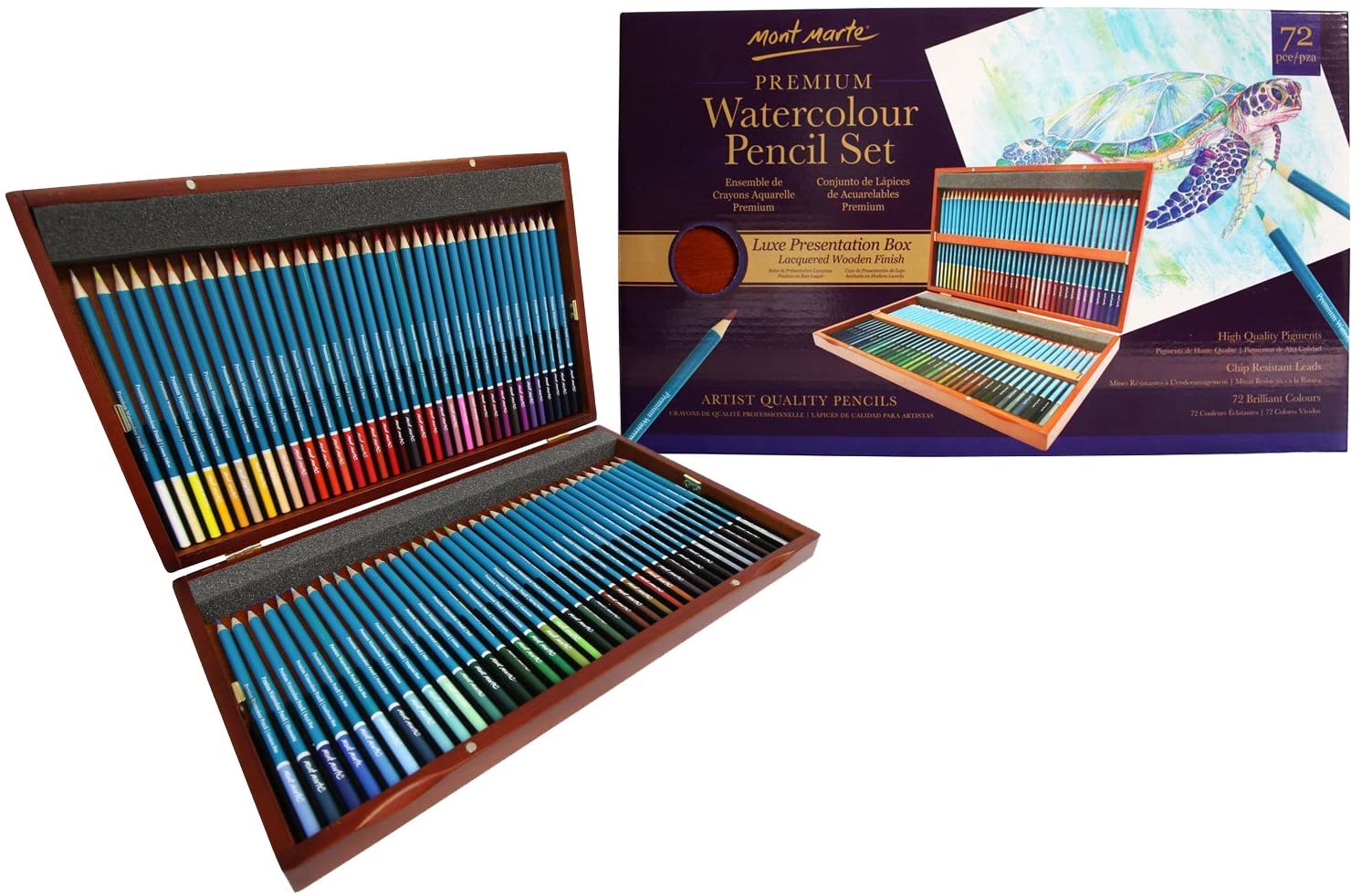 MONT MARTE Watercolour Pencils Set Deluxe - 72 pieces of Watercolour Pencils in a Classy Wooden Box 