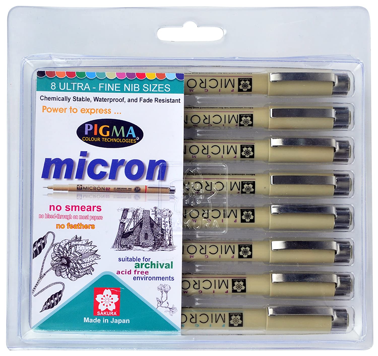 Sakura Pigma Micron Fine Line Pens - Set Of 8 Assorted Nibs In Black Colour (003,005,01,02,03,05,08)
