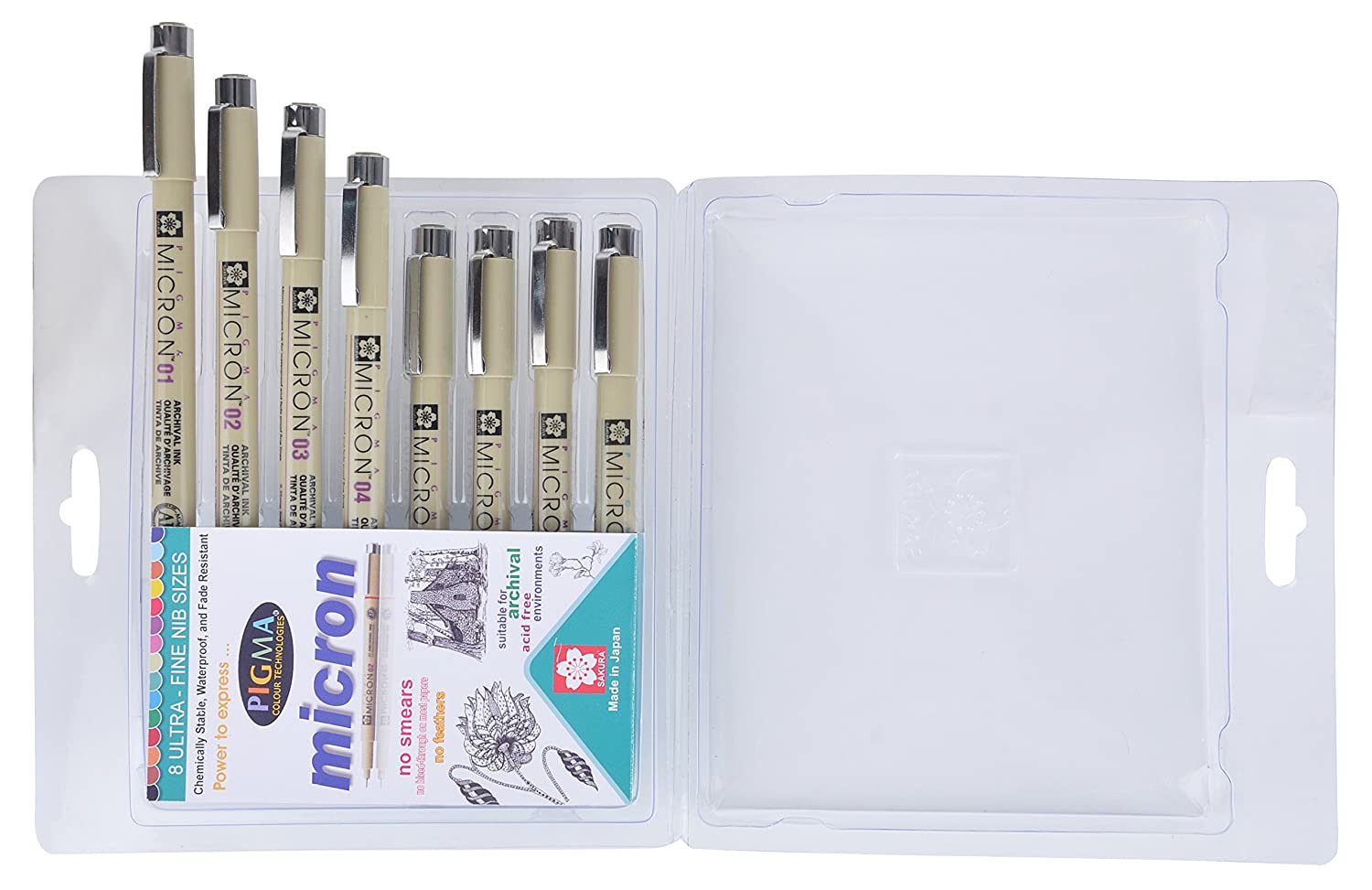 Sakura Pigma Micron Fine Line Pens - Set Of 8 Assorted Nibs In Black Colour (003,005,01,02,03,05,08)