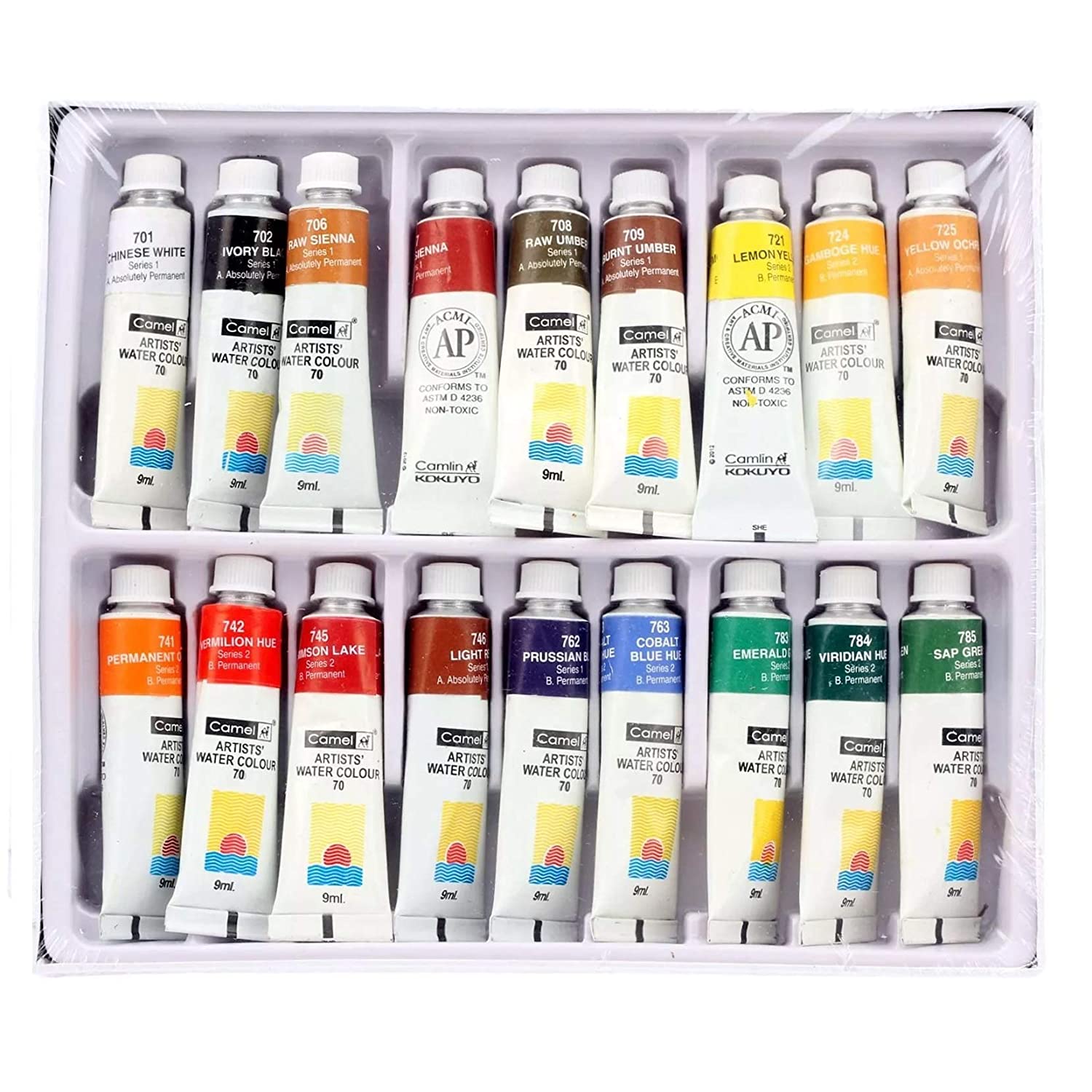 Camel Artist's Water Color Box - 9ml Tubes, 18 Shades