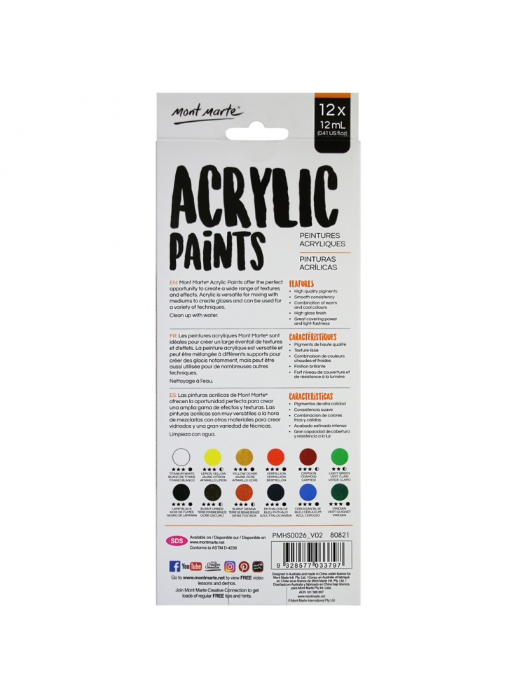 Mont Marte Acrylic Paints 12 colour