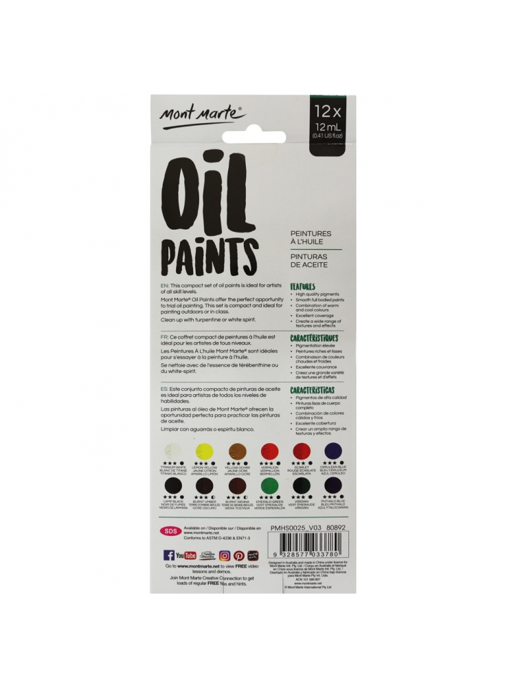 Mont Marte Oil Paints 12pce x 12ml