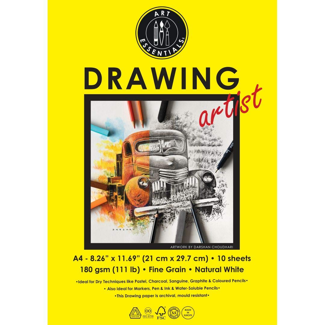 Art Essentials Drawing Artist A4 (21 cm x 29.7 cm) Natural White Fine Grain 180 GSM Paper, Polypack 