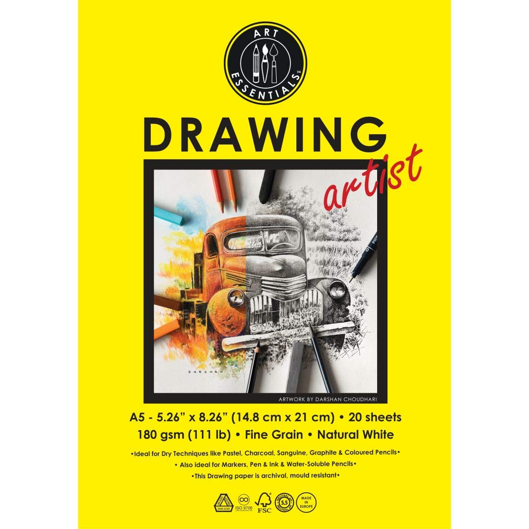 Art Essentials Drawing Artist A5 (14.8 cm x 21 cm) Natural White Fine Grain 180 GSM Paper, Polypack 