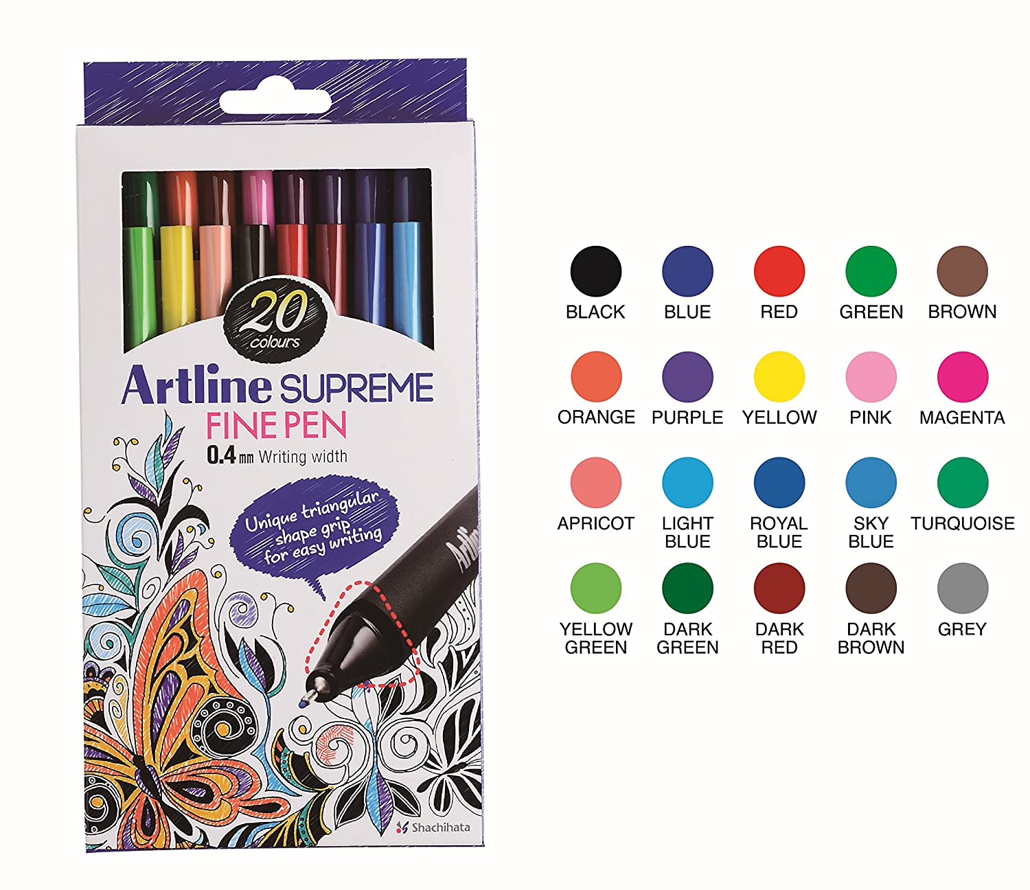 Artline Supreme Fine Pen Fineliner Pens 0.4mm - Bright Vivid Colors For Technical Drawing - Pack 20