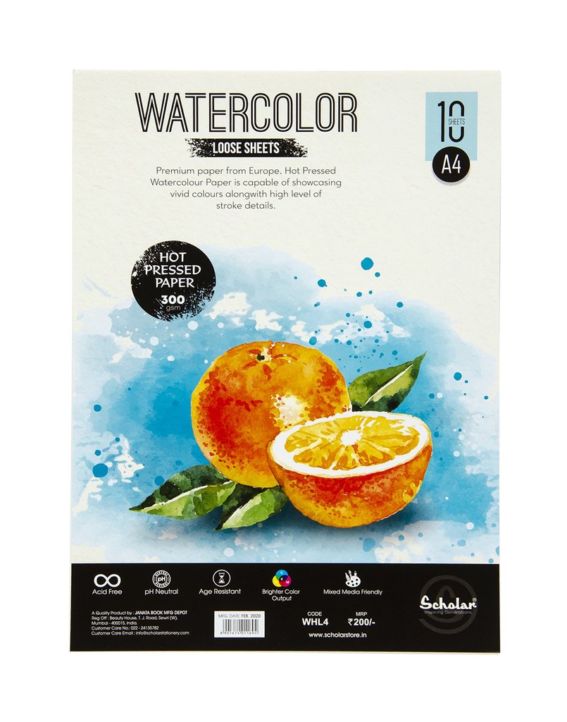 Scholar A4 WATERCOLOUR HOT PRESSED LOOSE SHEETS - 300 GSM (WHL4)