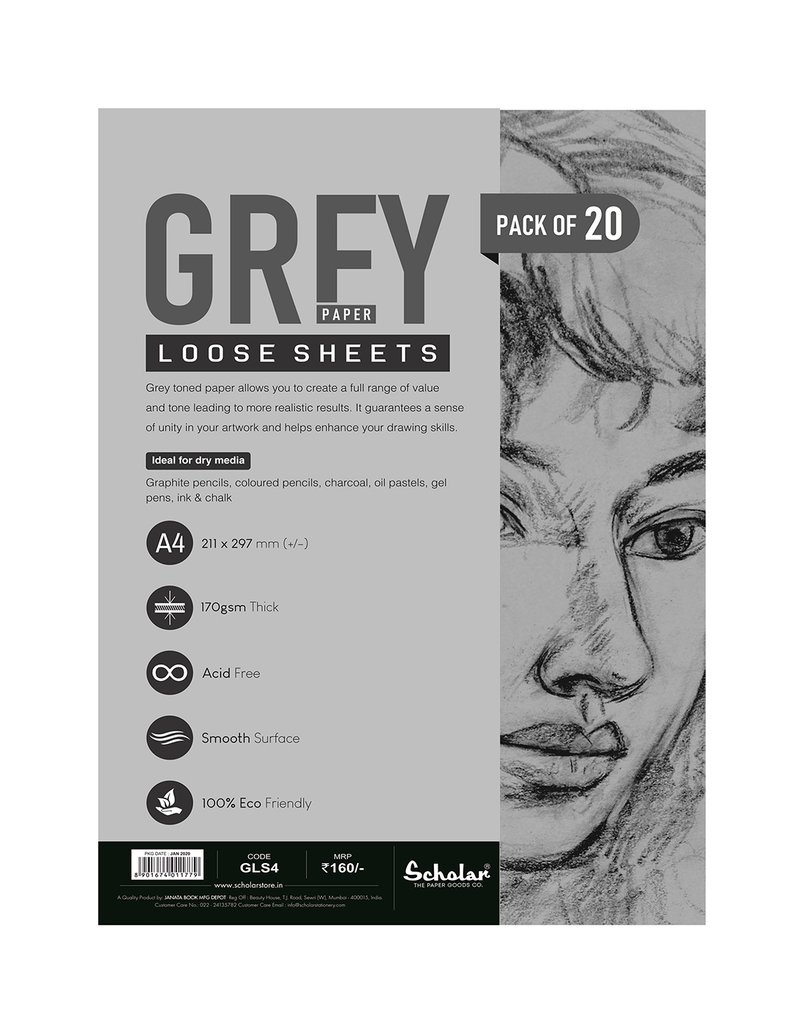 Scholar A4 GREY TONED PAPER LOOSE SHEETS - 170 GSM (GLS4)