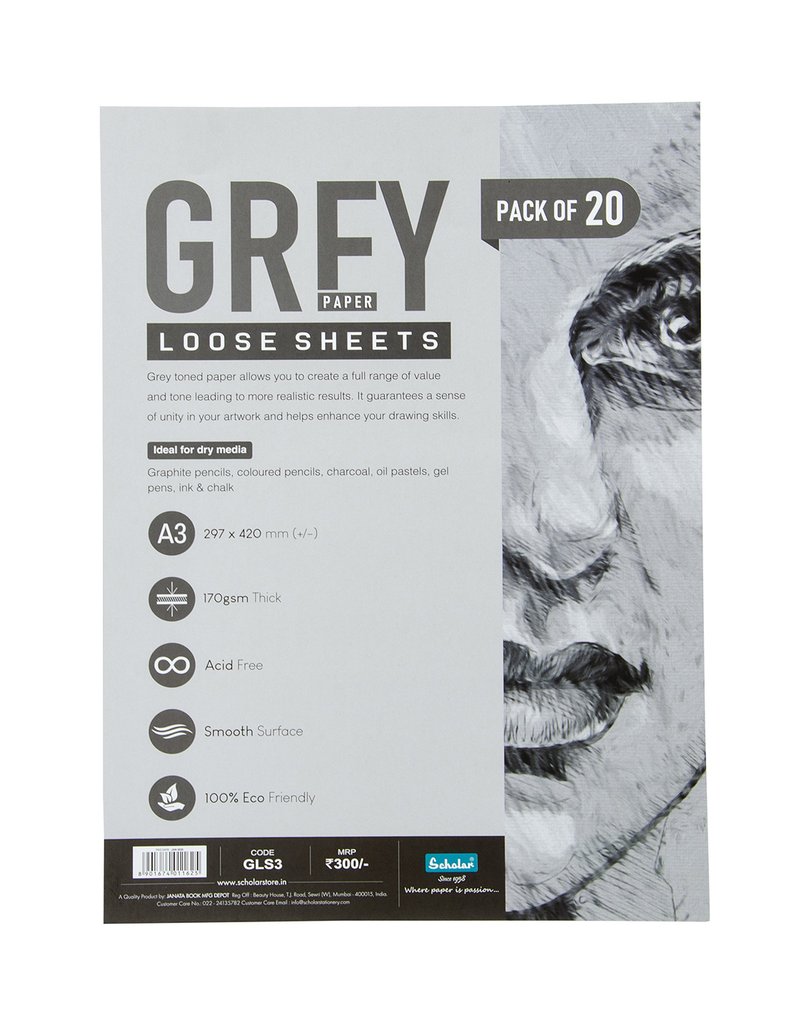 Scholar A3 GREY PAPER LOOSE SHEETS - 170 GSM (GLS3)