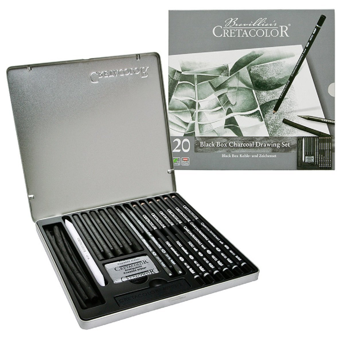 Cretacolor Black Box Charcoal Drawing Set of 20 - Tin Box