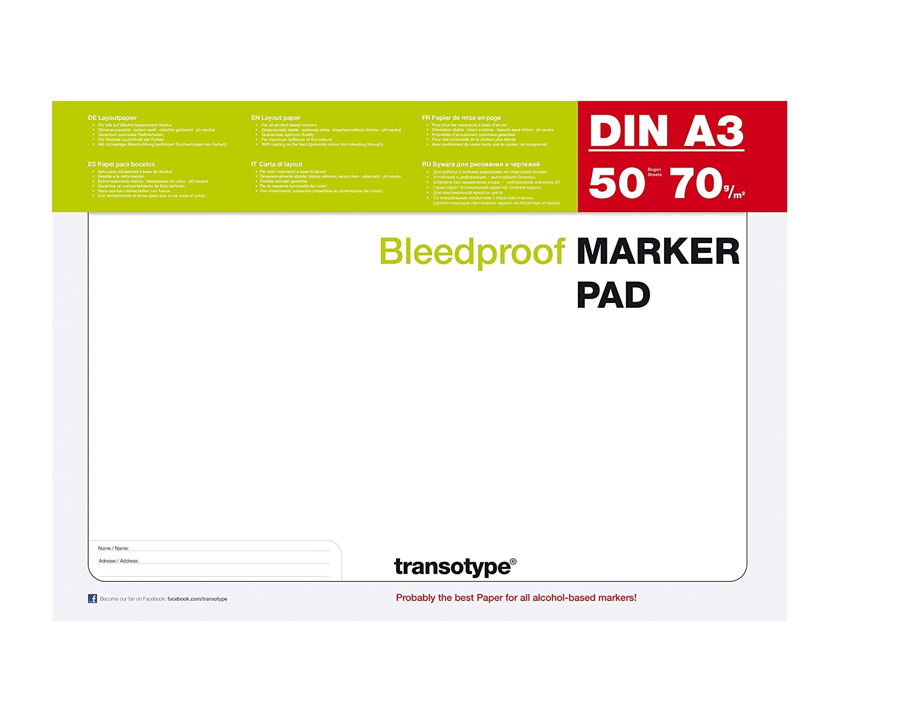 Transotype Bleed Proof Alcohol Marker Pad, A3, 50 Sheets