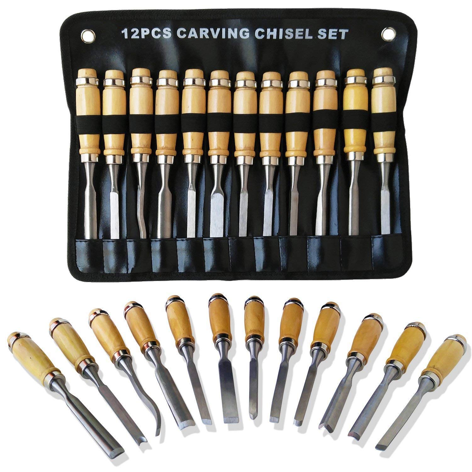 Wood Carving Chisel Set - 12 Piece Sharp Woodworking Tools with Carrying Case