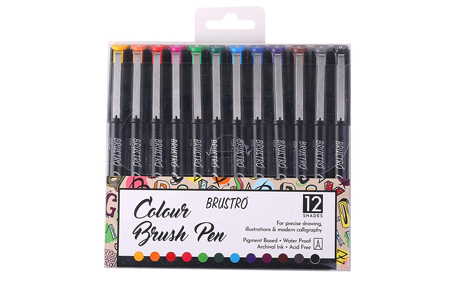 BRUSTRO Colour Brush Pens Set of 12 (Pigment Based, Hard tip Brush Pen)