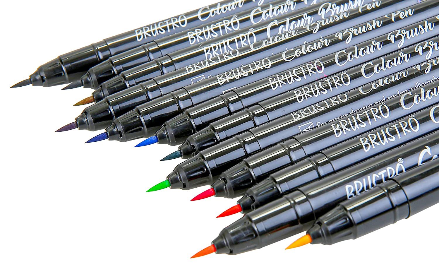 BRUSTRO Colour Brush Pens Set of 12 (Pigment Based, Hard tip Brush Pen)