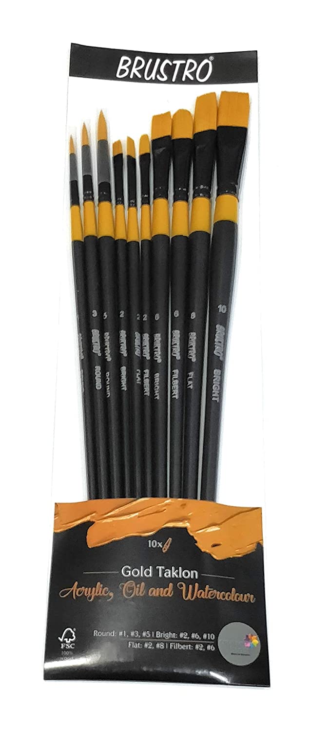 Brustro Artists Gold TAKLON Set of 10 Brushes for Acrylics, Oil and Watercolour.