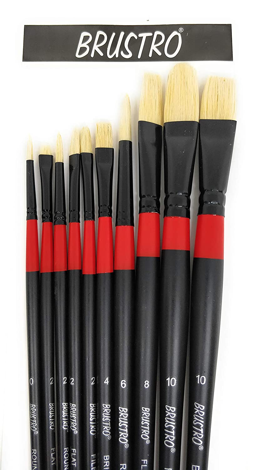 BRUSTRO Artists White Bristle Set of 10 Brushes for Oil and Acrylic.
