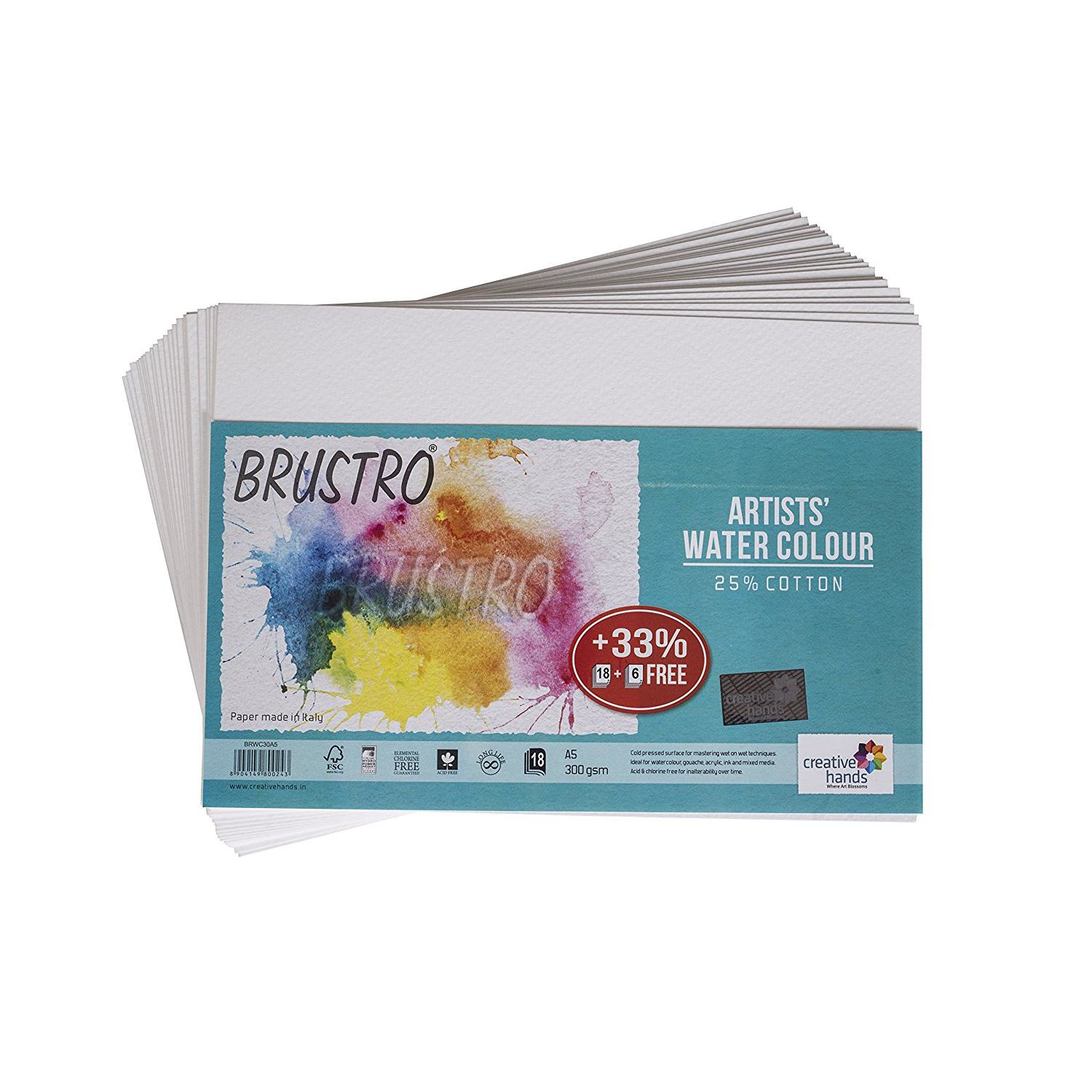 Brustro Artists' Watercolour Paper 300 GSM A5 - 25% cotton (18+6 Sheets)
