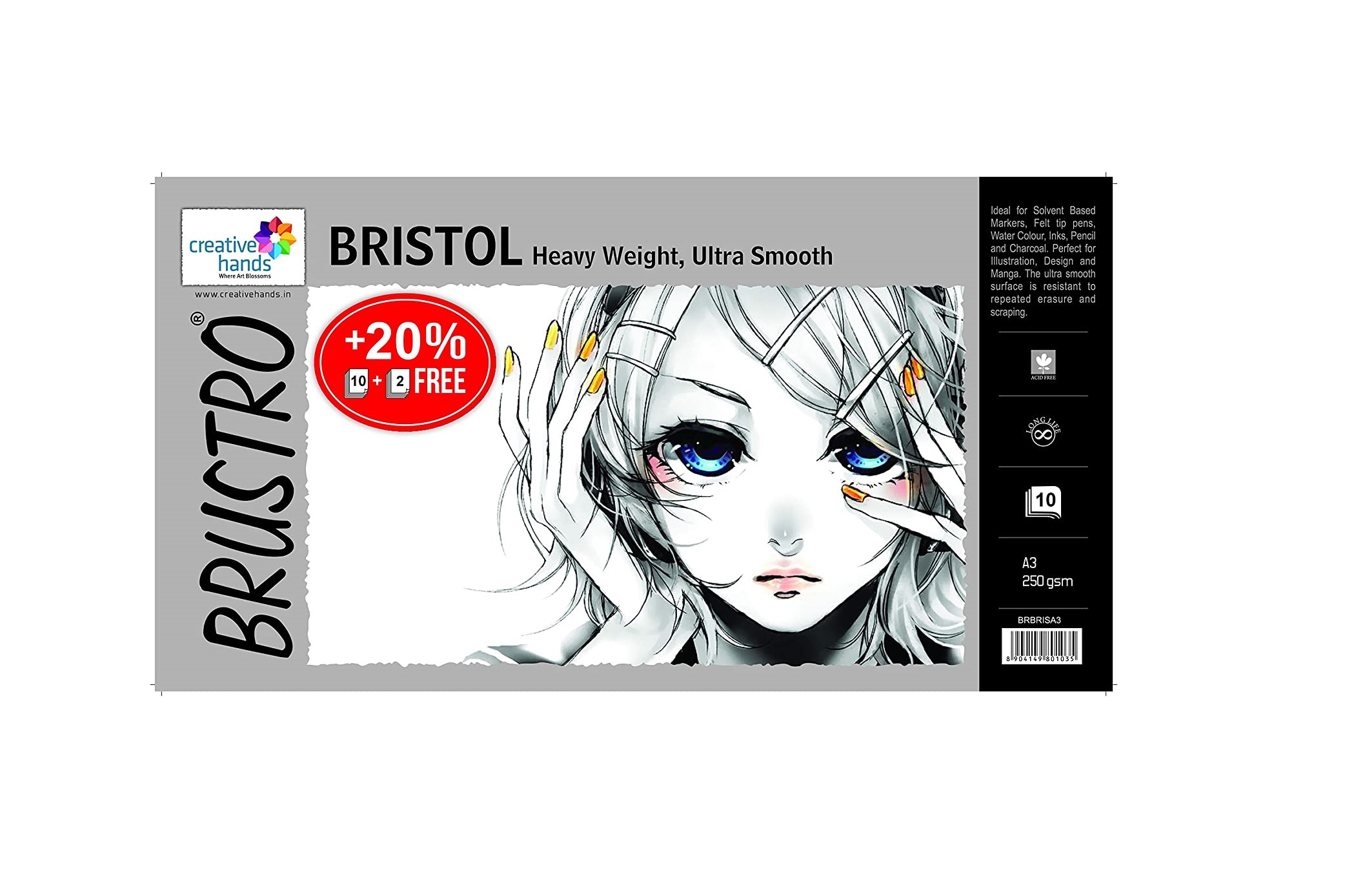 Brustro Ultra Smooth Bristol A3 Size Sheets, 250 GSM (Pack of 10 + 2 Free Sheets)