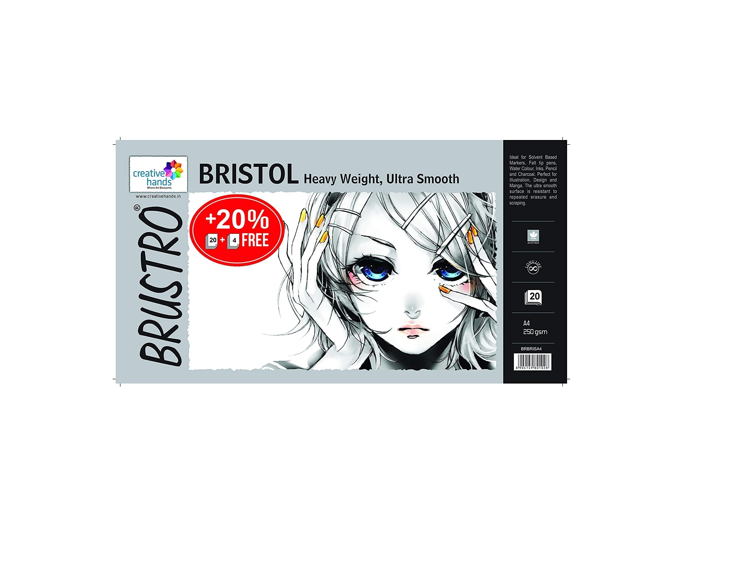 Brustro Ultra Smooth Bristol Sheets, A4 Size, 250 GSM Pack of 20 + 4 Free Sheets