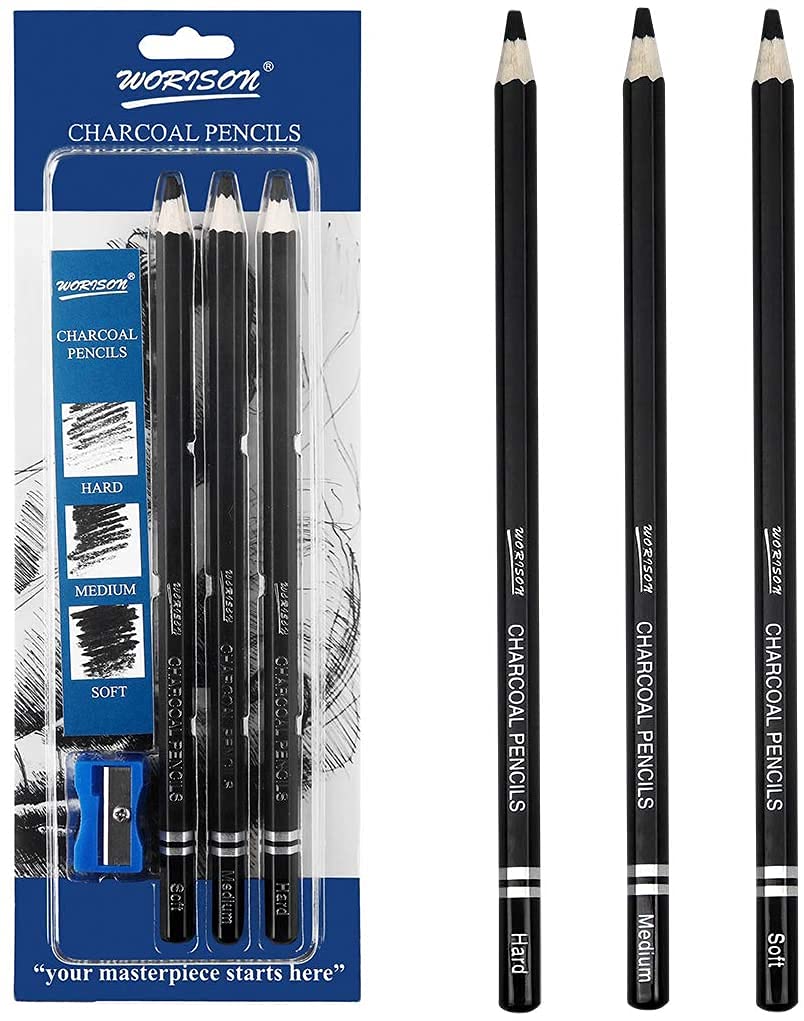 Worison Artist Black Charcoal Pencils Set - 3 Pieces Soft Medium and Hard Drawing Pencils