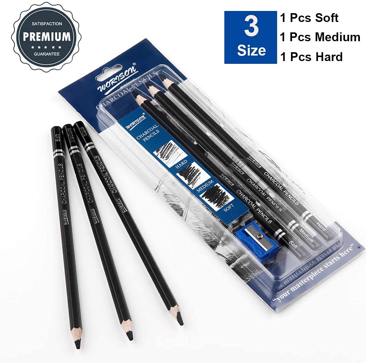 Worison Artist Black Charcoal Pencils Set - 3 Pieces Soft Medium and Hard Drawing Pencils