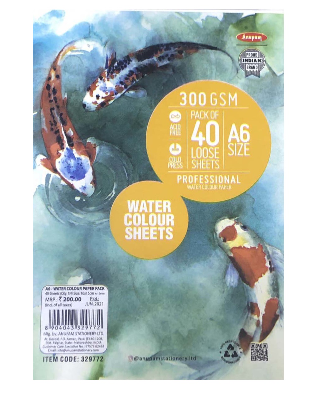 Anupam A6 Watercolor Paper Pack of 40 Sheets (300Gsm)