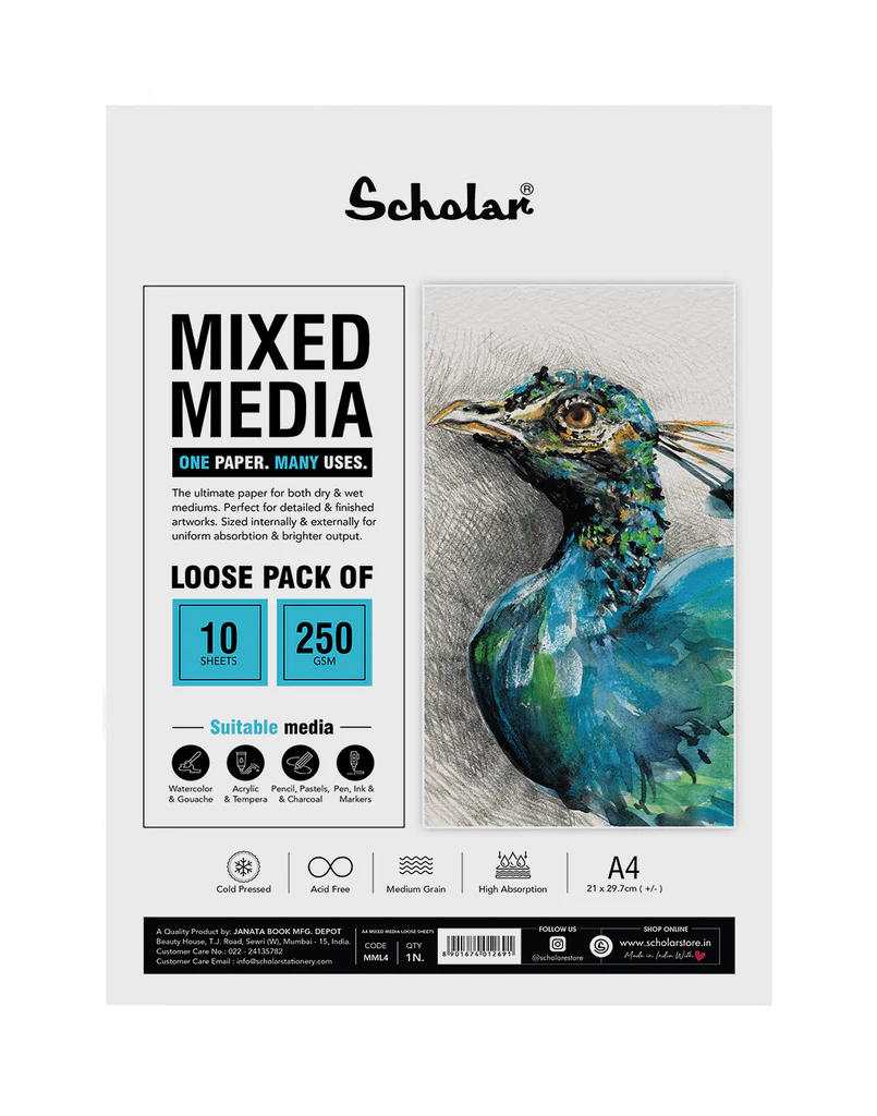 Scholar Mixed Media Loose Sheets 250 GSM Cold Pressed A4 10 SHEETS (MML4)