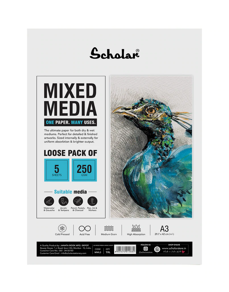 Scholar Mixed Media Loose Sheets 250 GSM Cold Pressed A3 5 SHEETS (MML3)