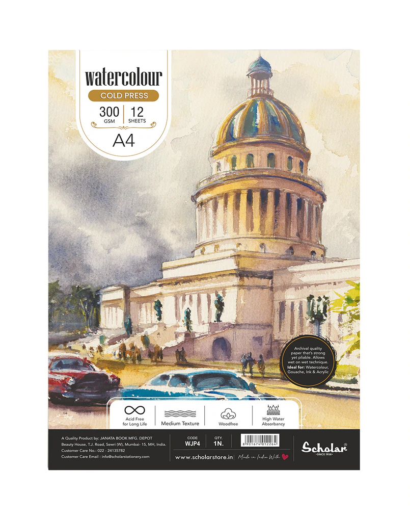 Scholar A4 WaterColor Cold Pressed Pad - 300 GSM (MEDIUM GRAIN) (WJP4)