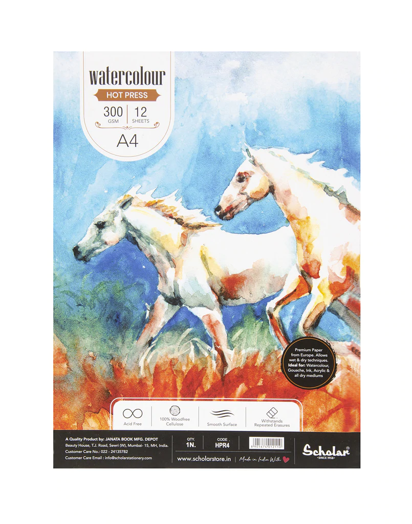 Scholar A4 WATERCOLOUR HOT PRESSED PAD - 300 GSM (GLUED) (HPR4)