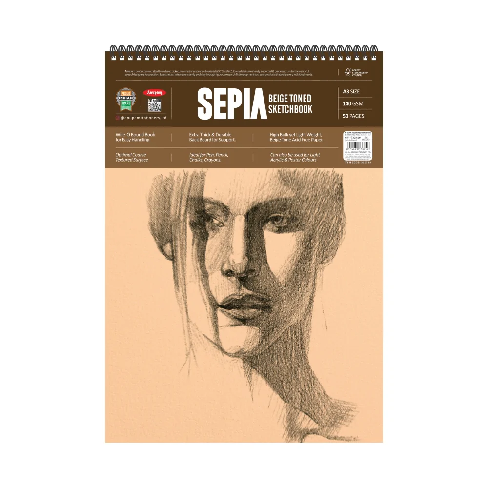 Anupam Sepia Soft Cover Wire-O Sketch / Drawing Book - 140GSM A3