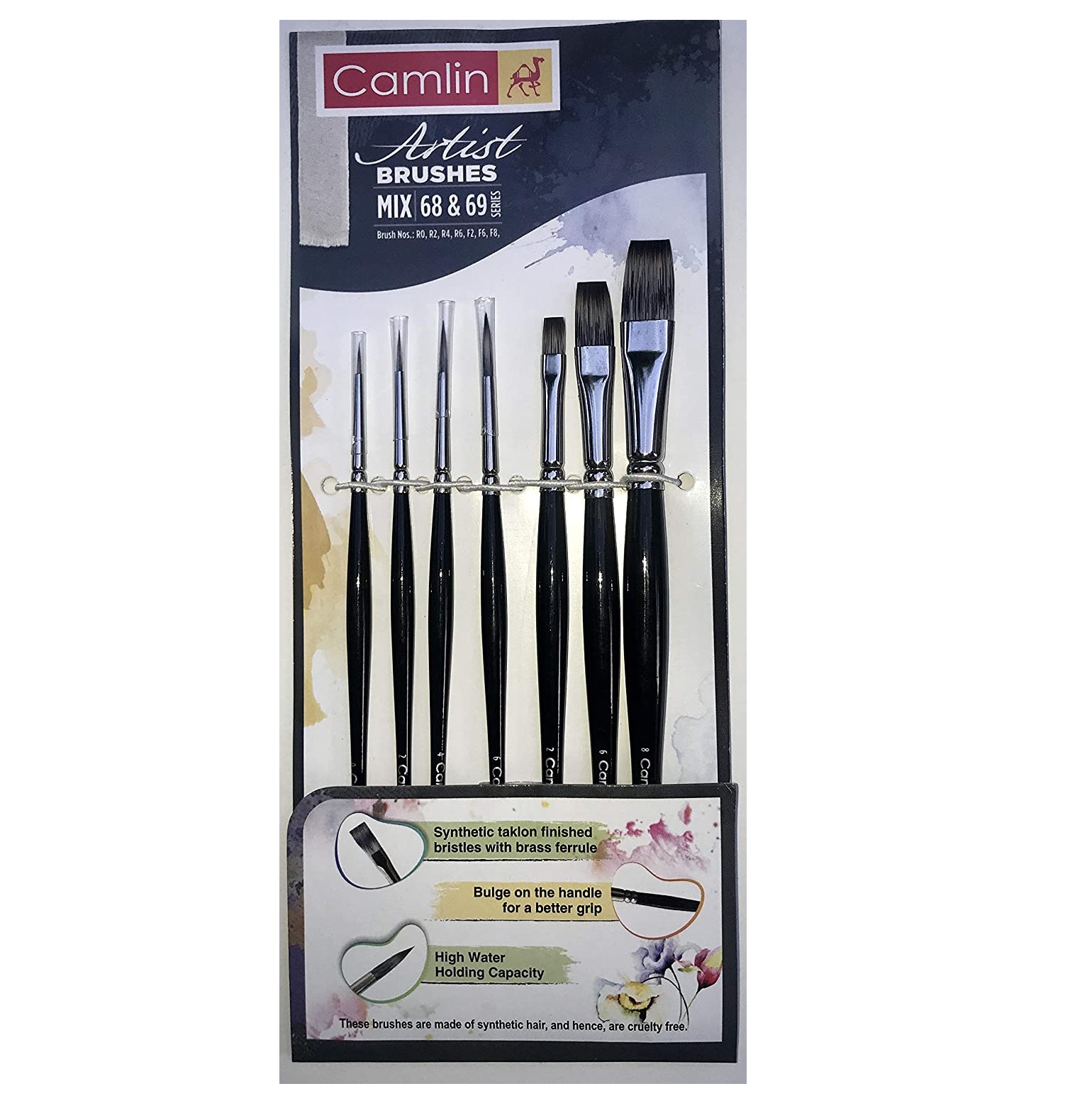 Camlin Artist Paint Brush Mix Series 68 & Series 69 - Round & Flat Synthetic Set of 7