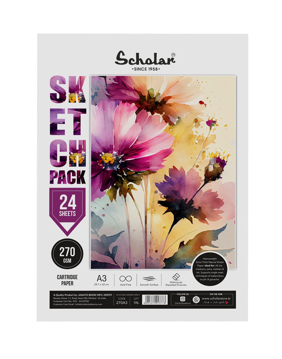 Scholar Sketch Pack - Loose Drawing Sheets A3 270 GSM 24 Sheet