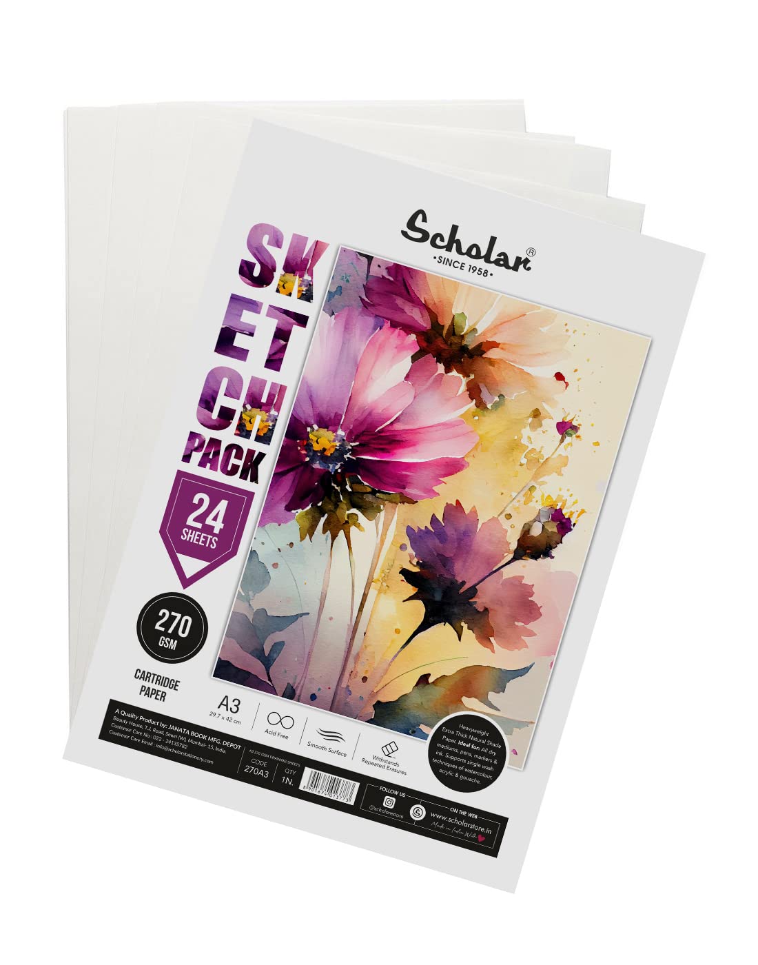 Scholar Sketch Pack - Loose Drawing Sheets A3 270 GSM 24 Sheet