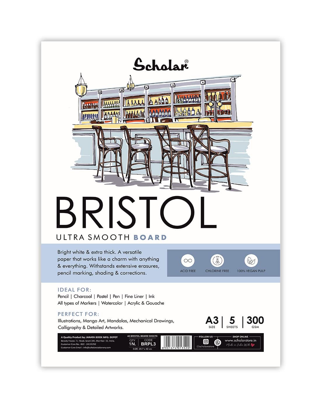 Scholar 300 GSM Bristol Board Loose Sheets (A3) BRPL3 5-Sheet