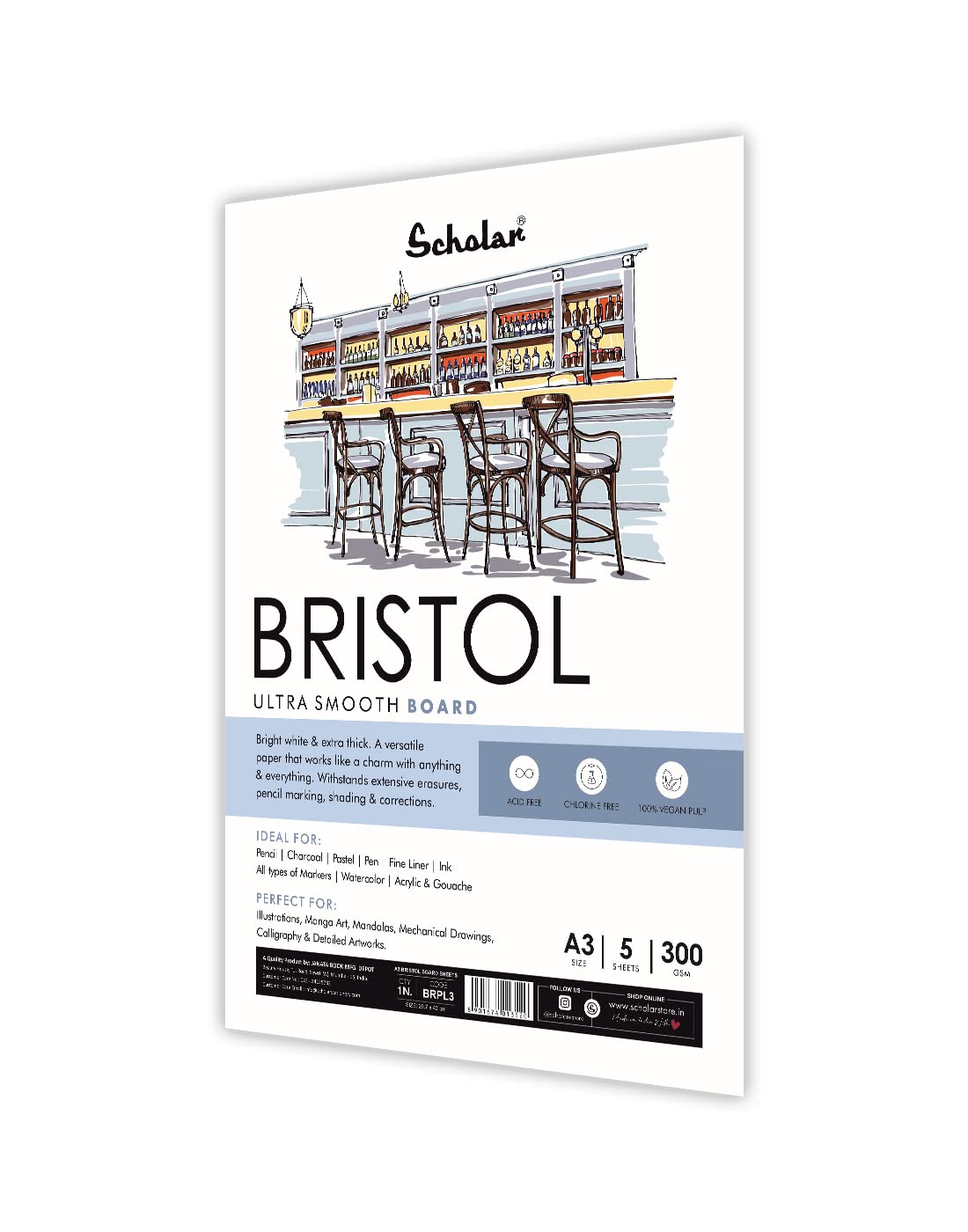 Scholar 300 GSM Bristol Board Loose Sheets (A3) BRPL3 5-Sheet