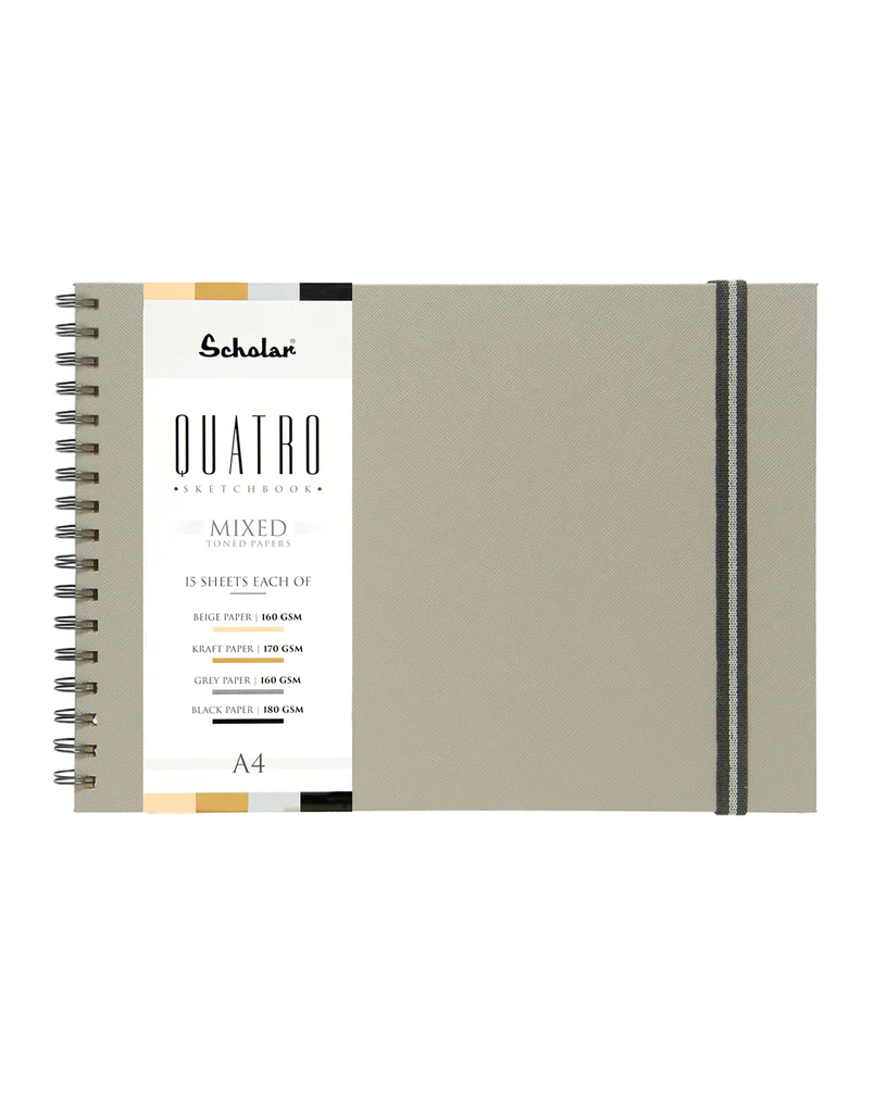 Scholar A4,A5 Quatro Sketchbook (4-In-1 Toned Sheets With Kraft, Black, Grey, And Beige Paper)