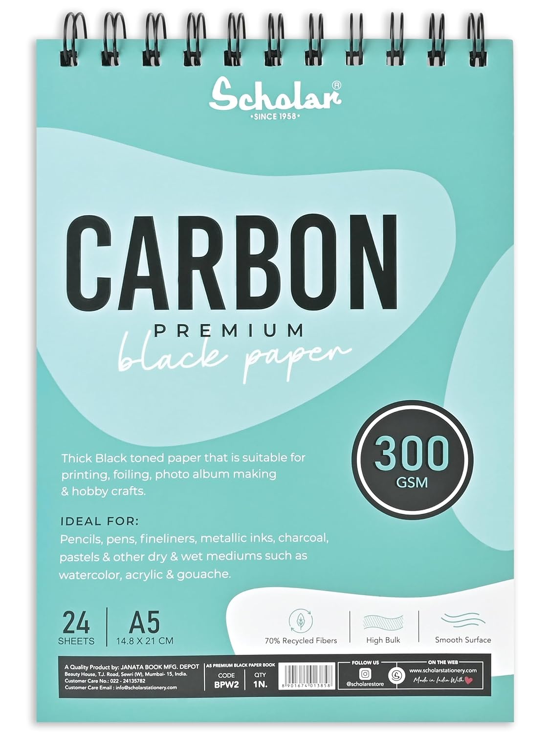 Scholar Carbon 300 GSM Black Paper Sketch Book (24 Sheets, Wire Bound) (A5-A4)