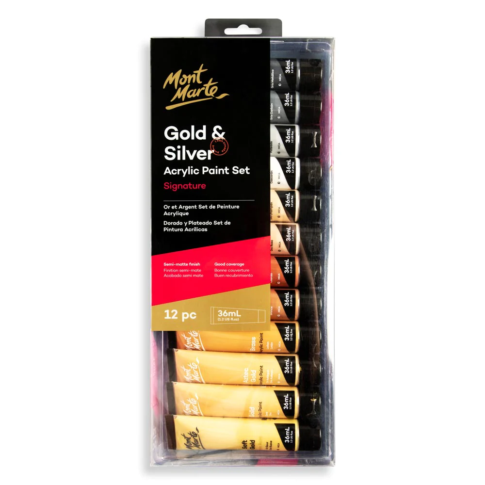 Mont Marte Gold And Sliver Acrylic Paint Set 12pc 36ml Set PMHS0096	