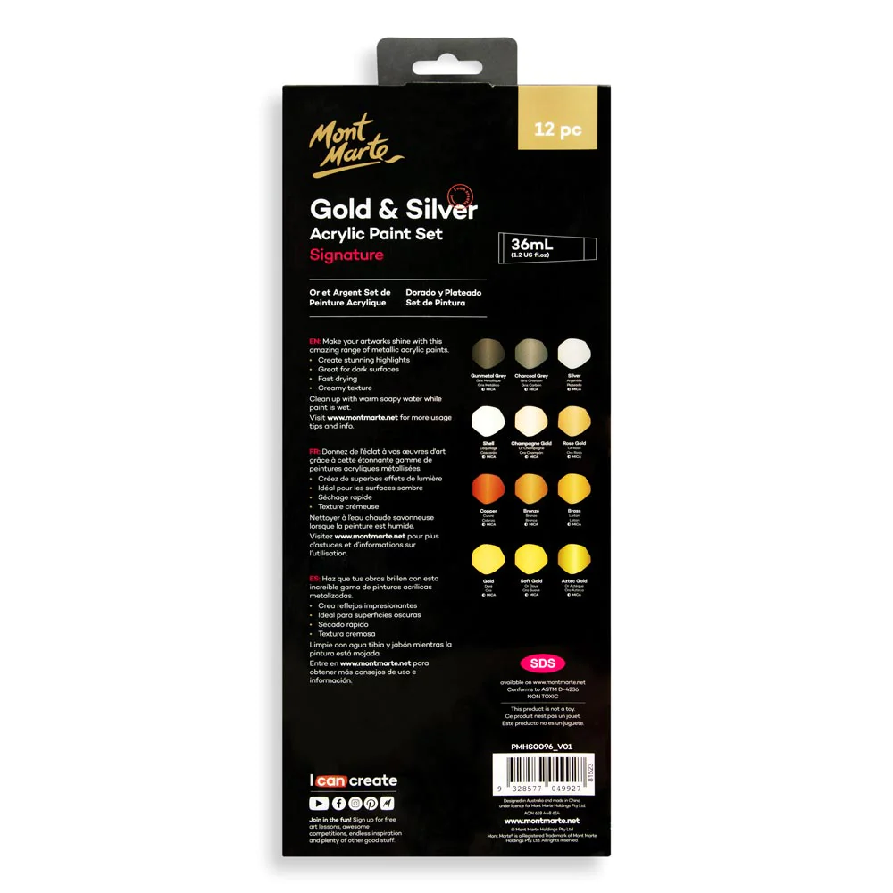 Mont Marte Gold And Sliver Acrylic Paint Set 12pc 36ml Set PMHS0096	