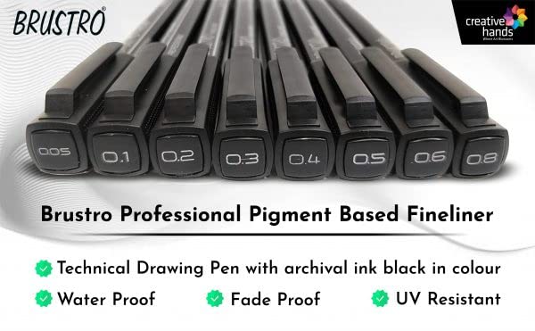 BRUSTRO Professional Pigment Based Fineliner - Set of 8 (Black)