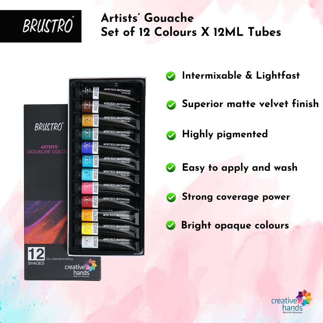 BRUSTRO Artists Gouache Colour Set of 12 Colours X 12ML Tubes