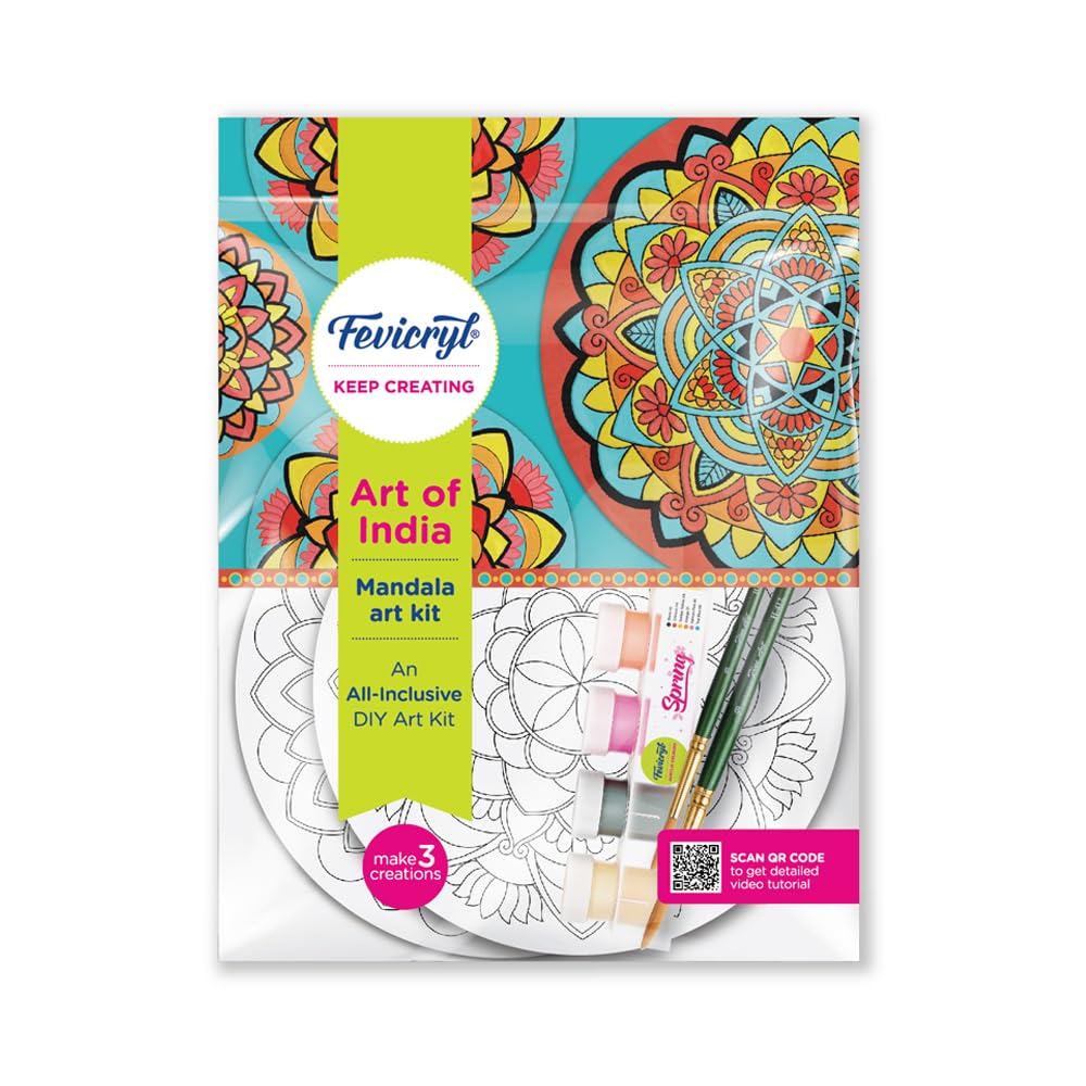 Fevicryl Mandala Art Kit, Includes Pre-Printed Circular Wooden MDF Board, Acrylic Paints, Brushes
