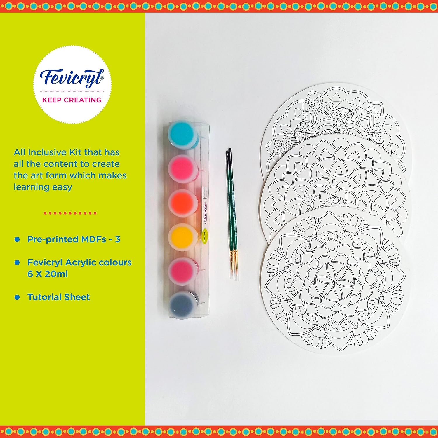 Fevicryl Mandala Art Kit, Includes Pre-Printed Circular Wooden MDF Board, Acrylic Paints, Brushes