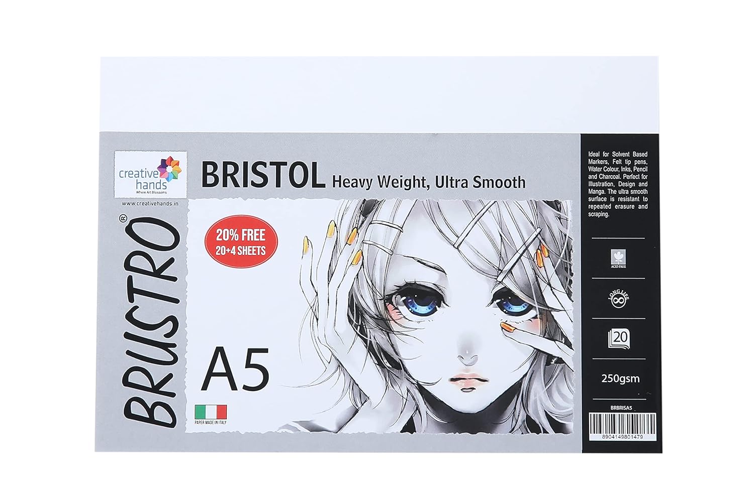 Brustro Ultra Smooth Bristol Sheets, A5 Size, 250 GSM Pack of 20 Sheet