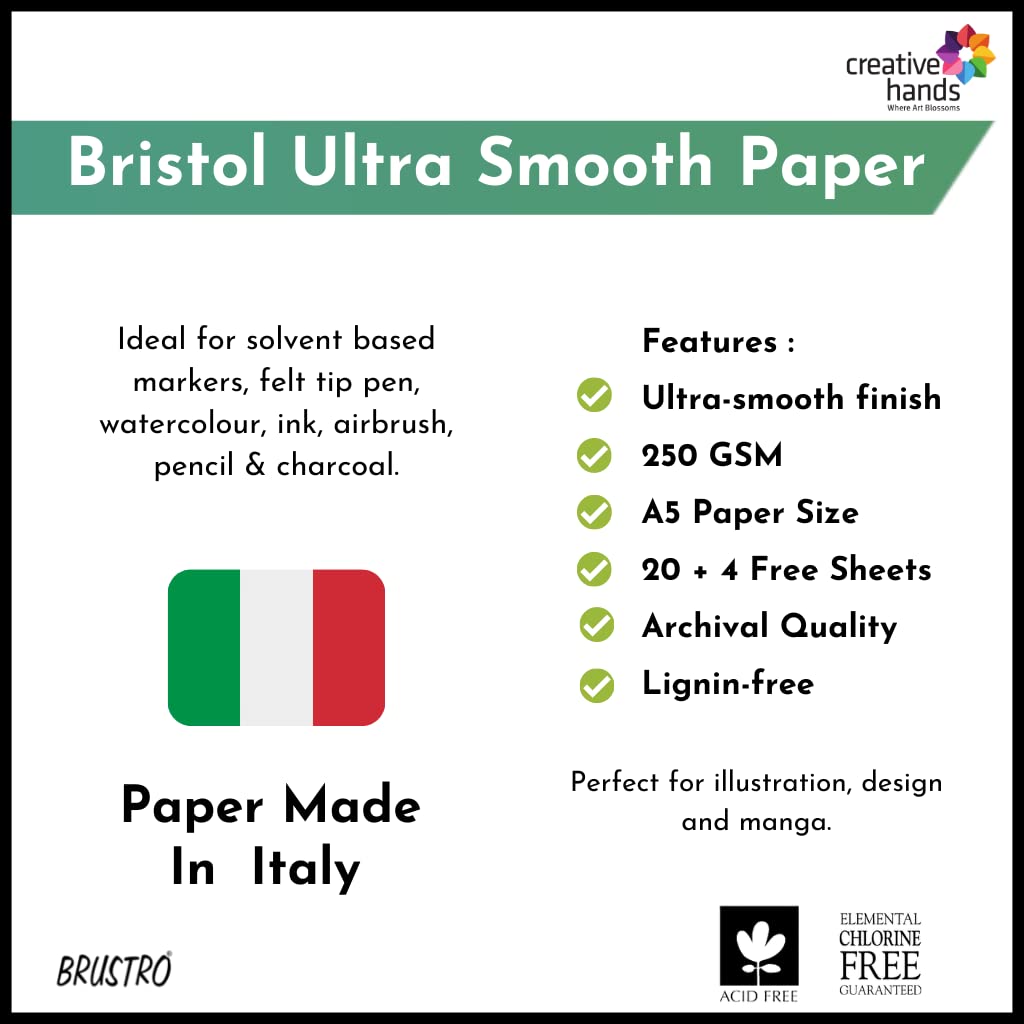 Brustro Ultra Smooth Bristol Sheets, A5 Size, 250 GSM Pack of 20 Sheet