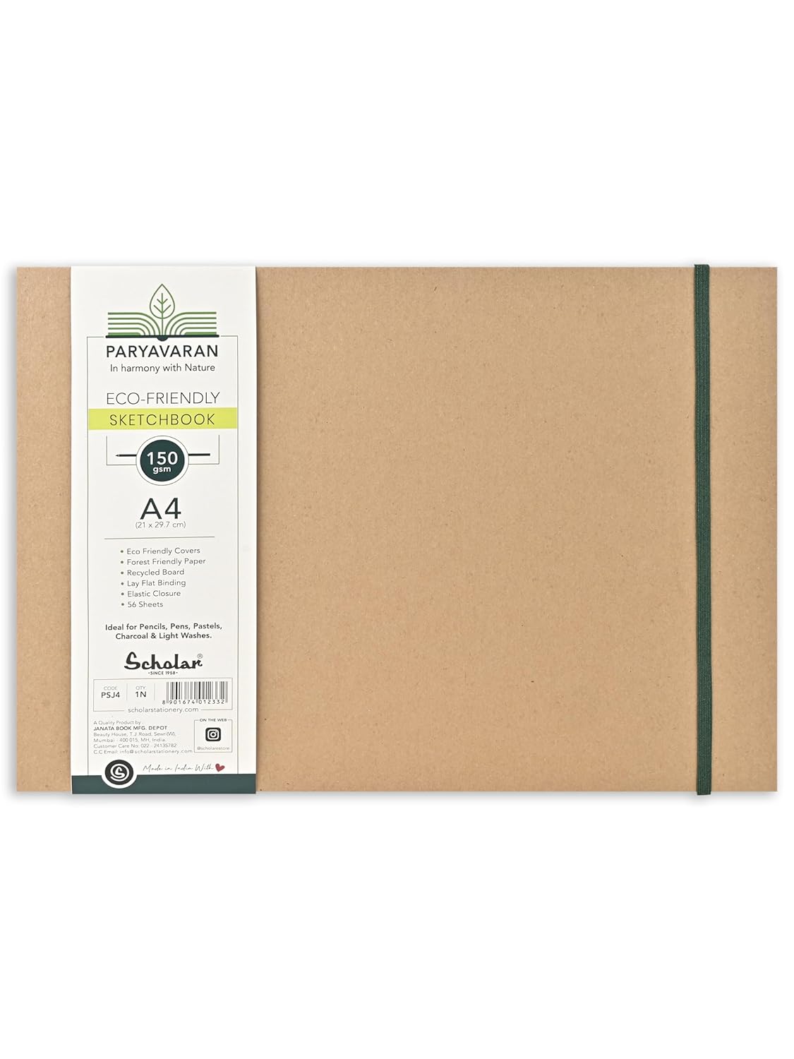 Scholar PARYAVARAN Sketch Book (150 GSM Paper, Flat-Lay Binding, 56 Sheets) (A4) PSJ4