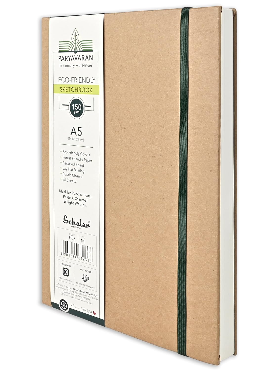 Scholar PARYAVARAN Sketch Book (150 GSM Paper, Flat-Lay Binding, 56 Sheets) (A5) PSJ2