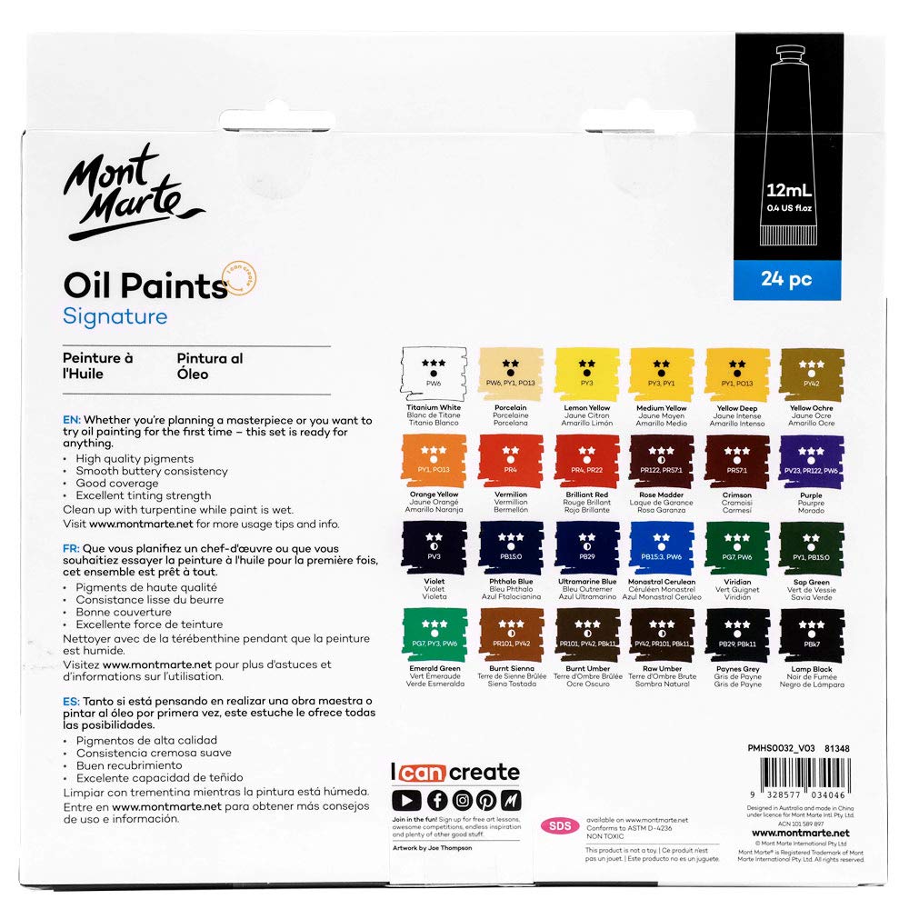 Mont Marte Oil Paints for Painting - 24 Pieces in 12 ml Tubes, Multicolor