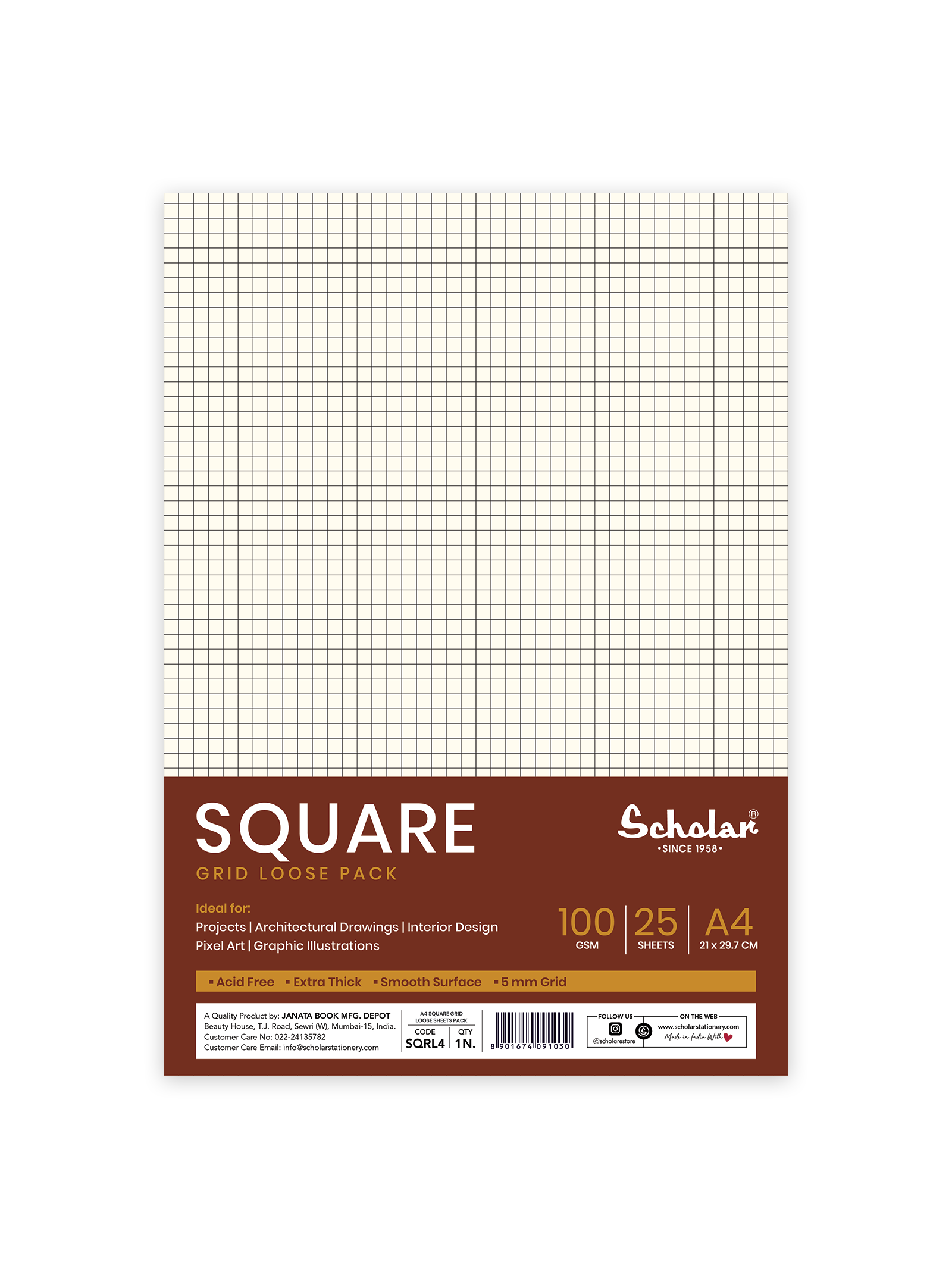 Scholar A4 100 Gsm Premium Square (Grid) - Loose Sheets (25 Sheets) (SQRL)